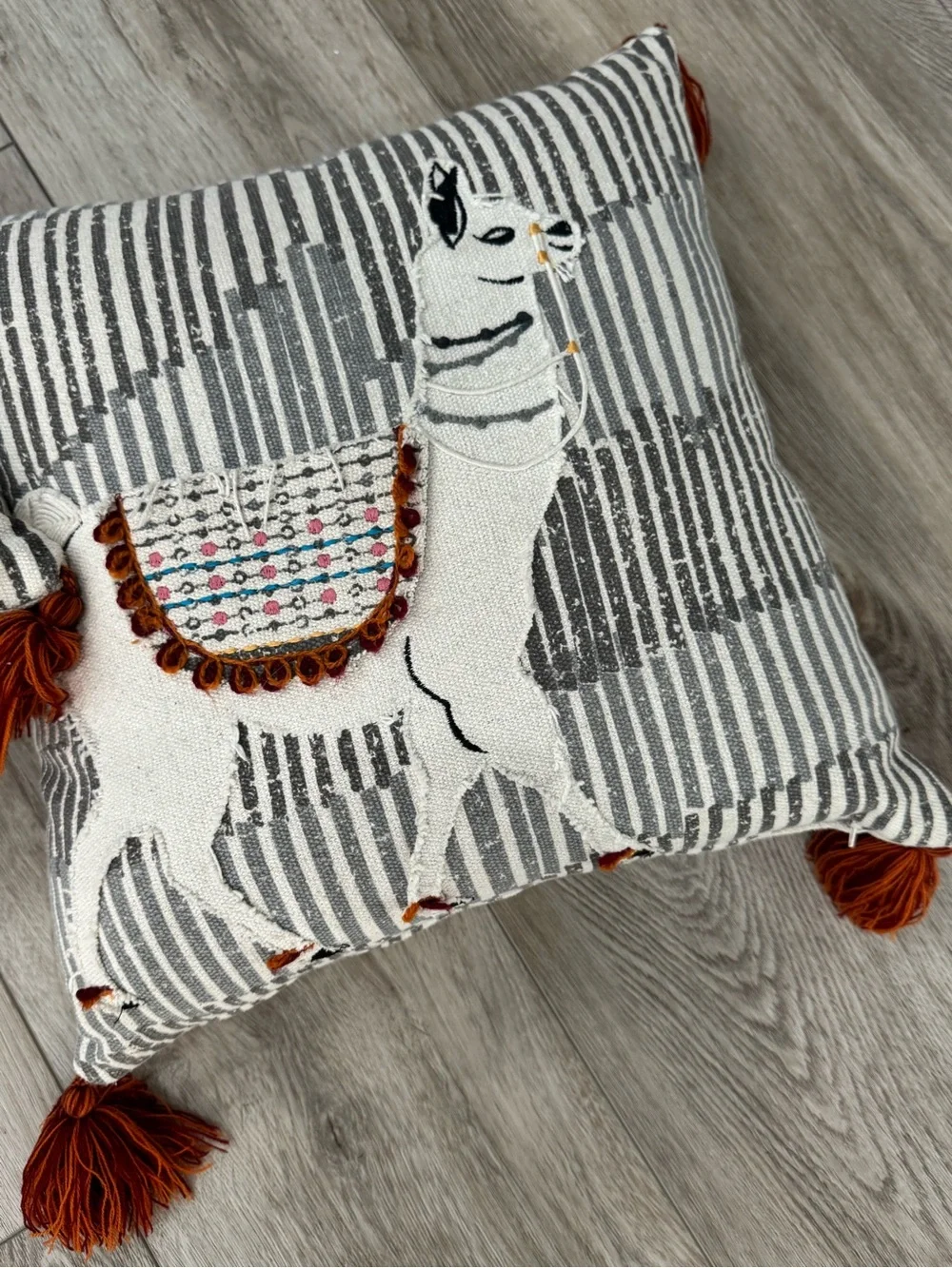 Llama Embroidered Decorative Throw Pillow Pair - Gray & Rust Accents